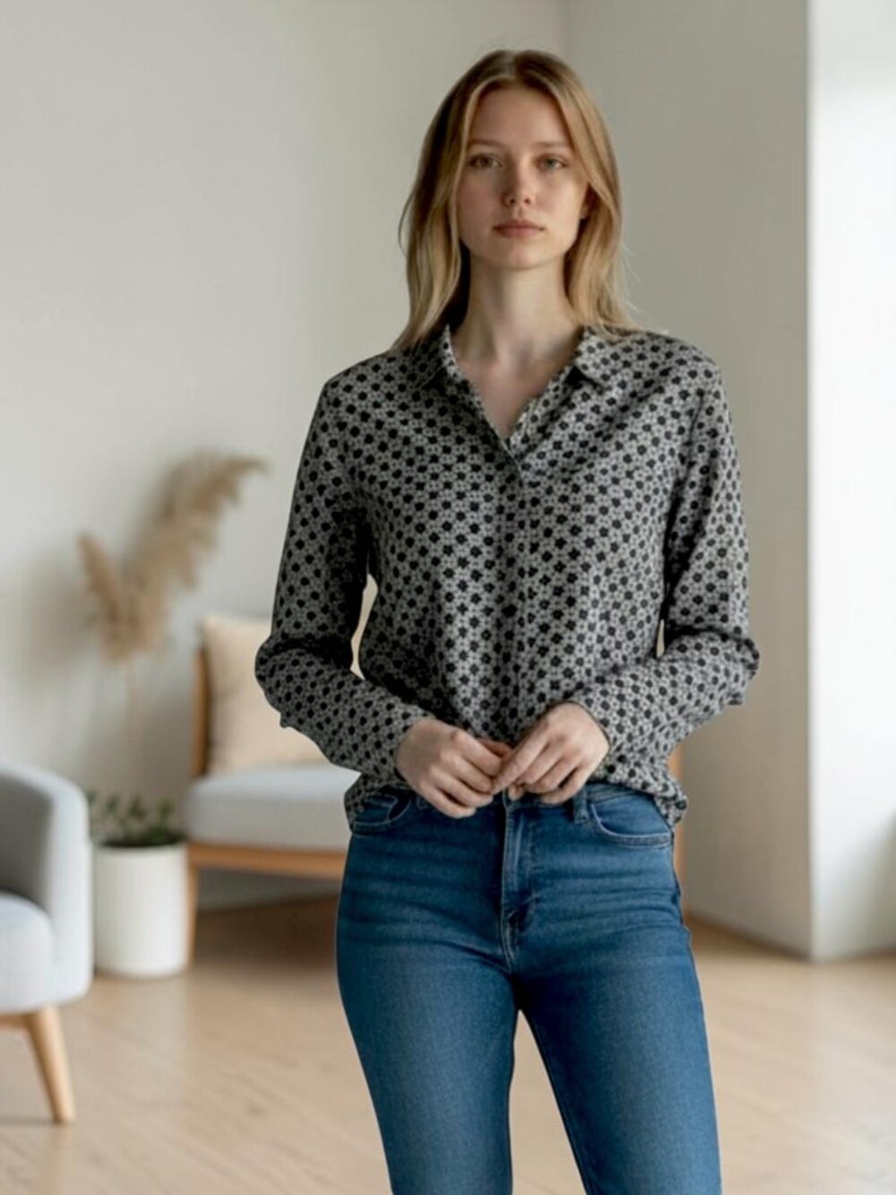 Ny Collection Black and White Geometric Print Button Down Top